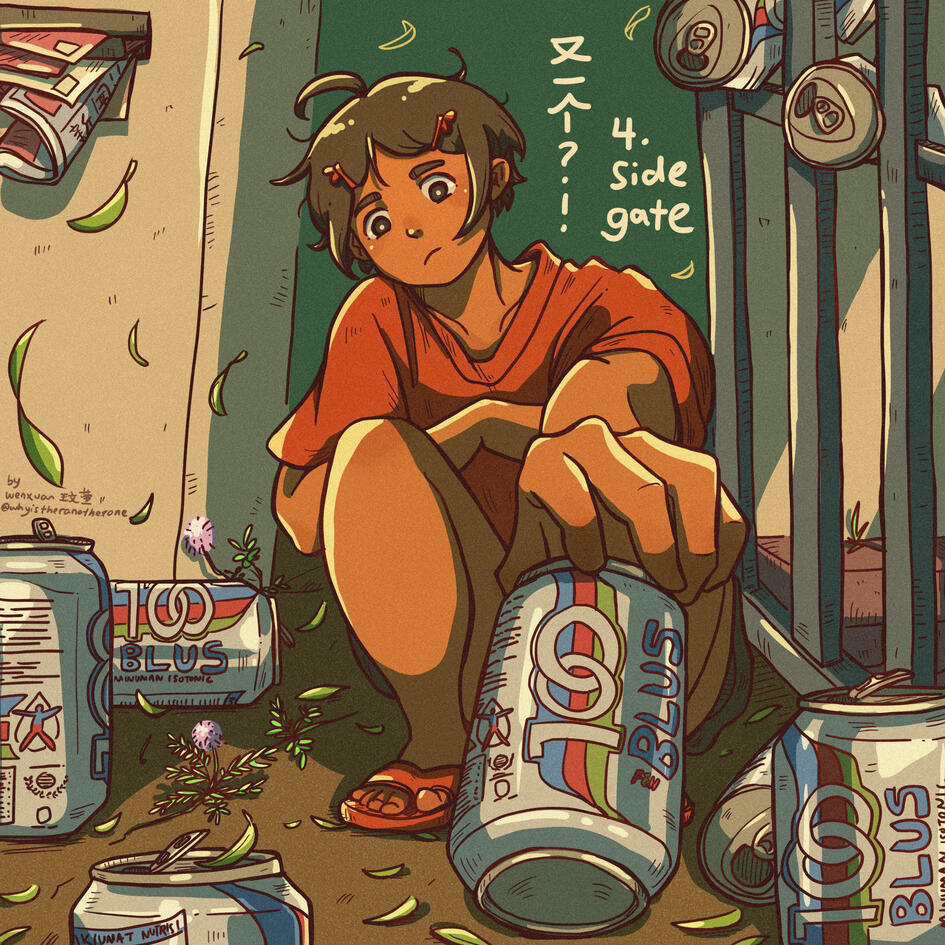 Ein is squatting at an open gate and grabbing an oversized empty can of 100 Blus in front of them. More oversized cans surround Ein. There is a gust of wind blowing to the left carrying some leaves with it. Ein has a curious expression.